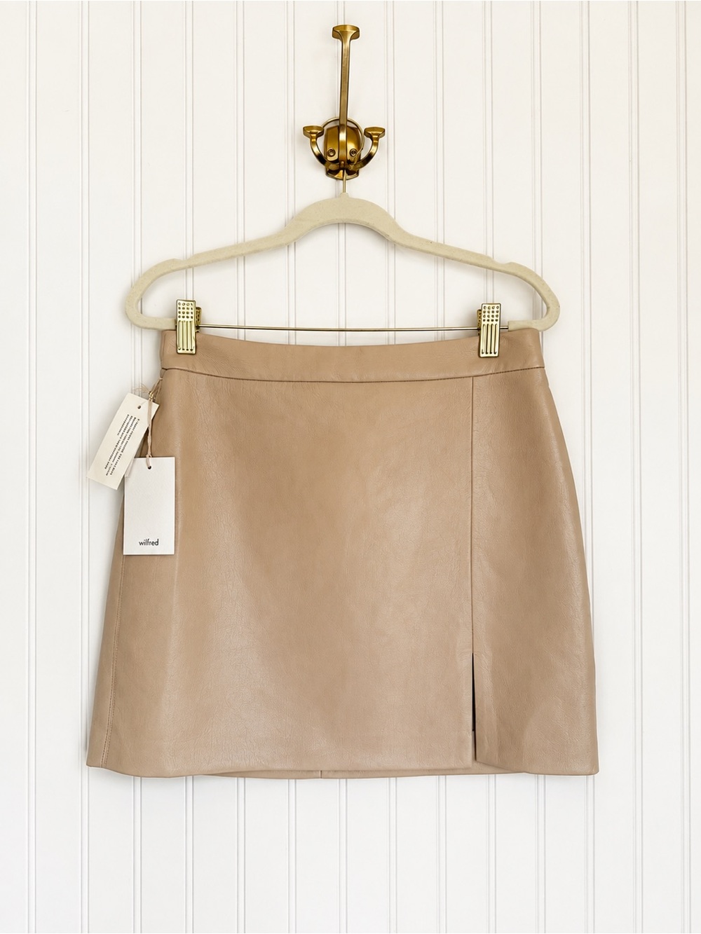 Aritzia Wilfred Tempest Vegan Leather Mini Skirt Flax Beige Size 8 NWT